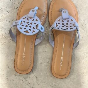 Report Blue and Tan Sandals with Geometric Cutout Design